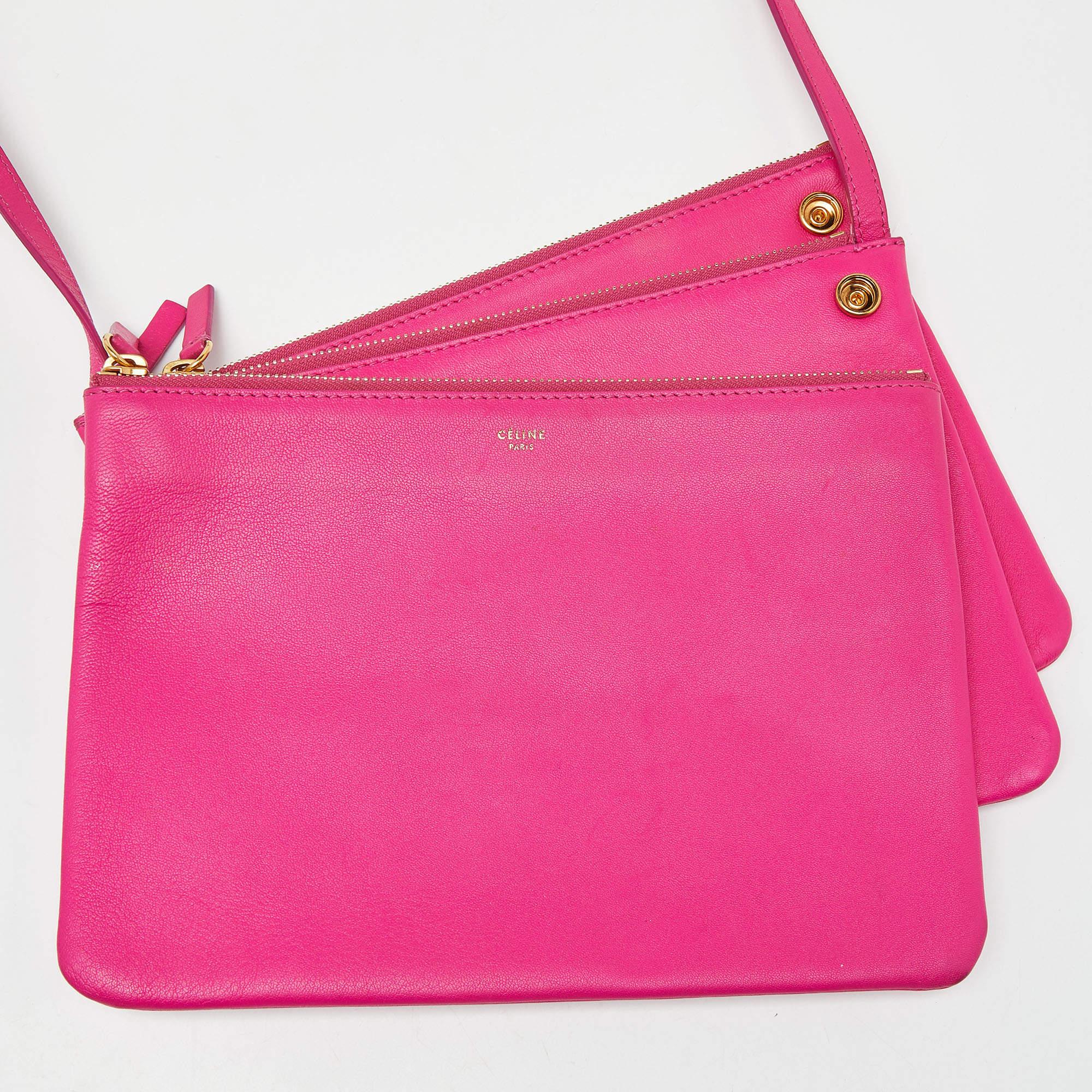 Celine Pink Leather Large Trio Zip Crossbody Bag For Sale 7
