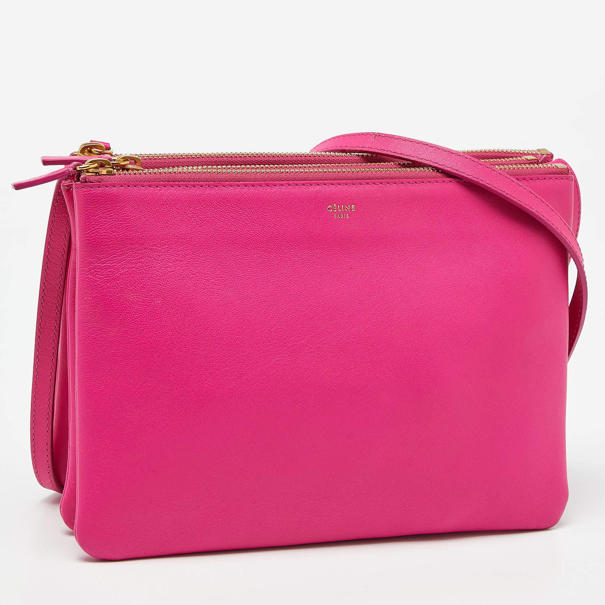 Women's Celine Pink Leather Large Trio Zip Crossbody Bag For Sale