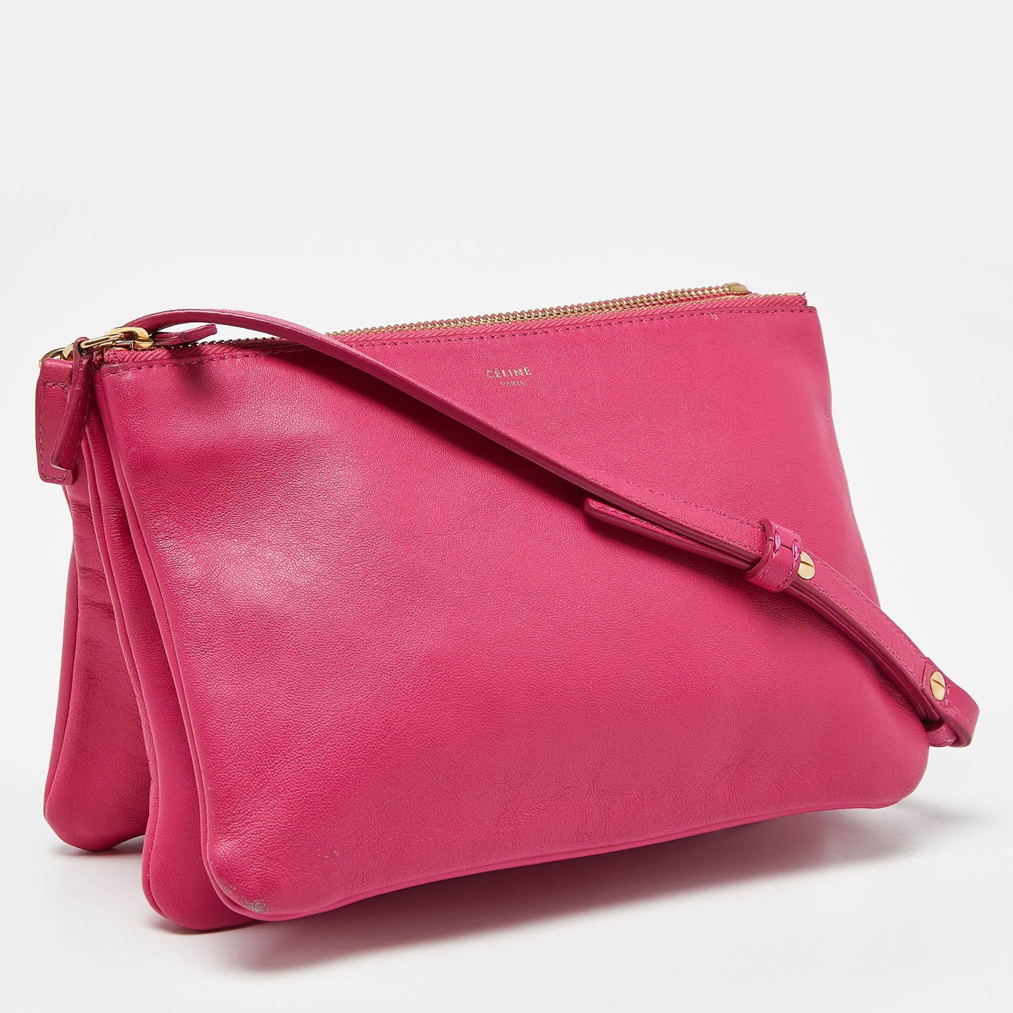 Celine Pink Leather Small Trio Crossbody Bag In Good Condition In Dubai, Al Qouz 2