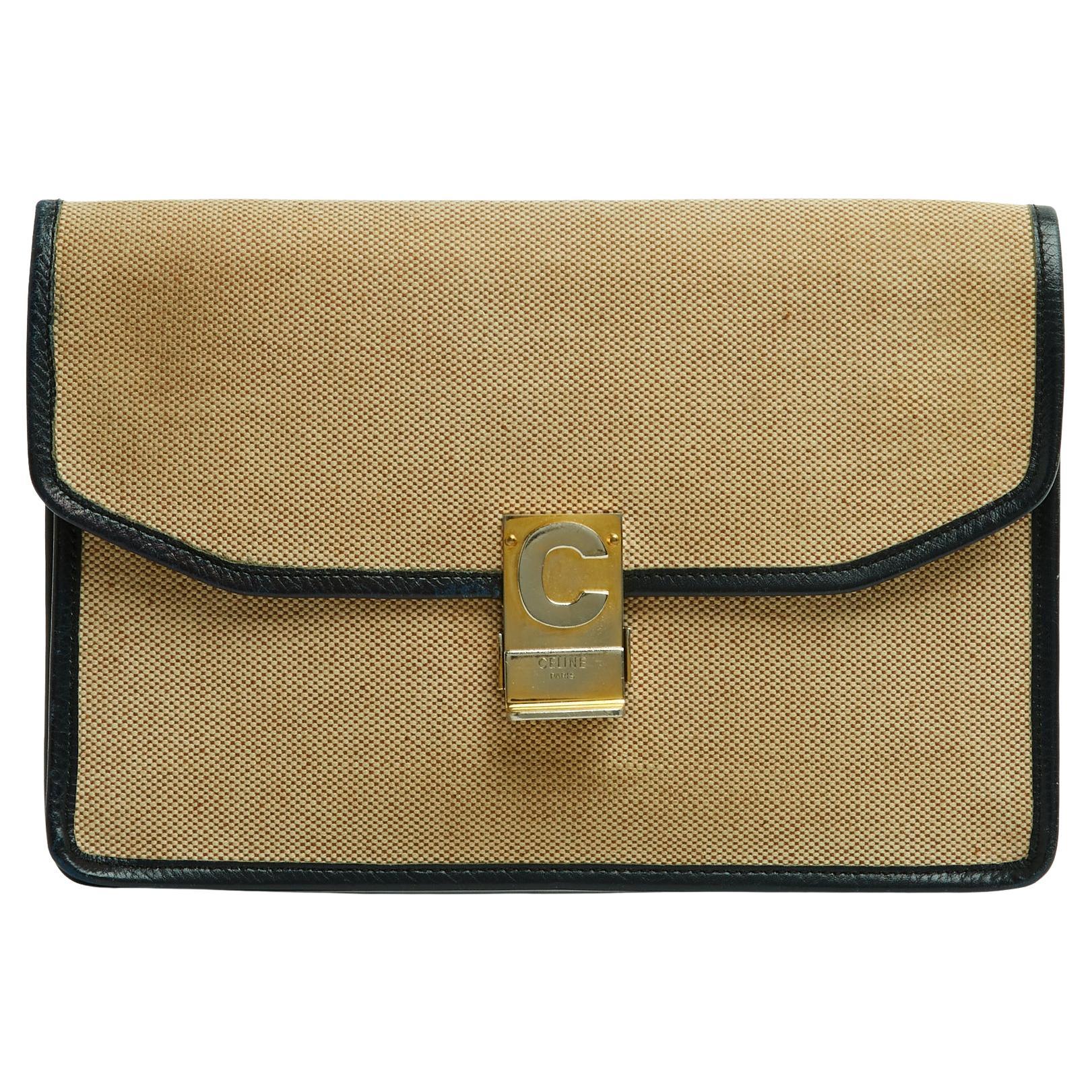 Céline Pochette Enveloppe 1985 Natural Canvas Navy Leather Diamond Clutch Celine en venta