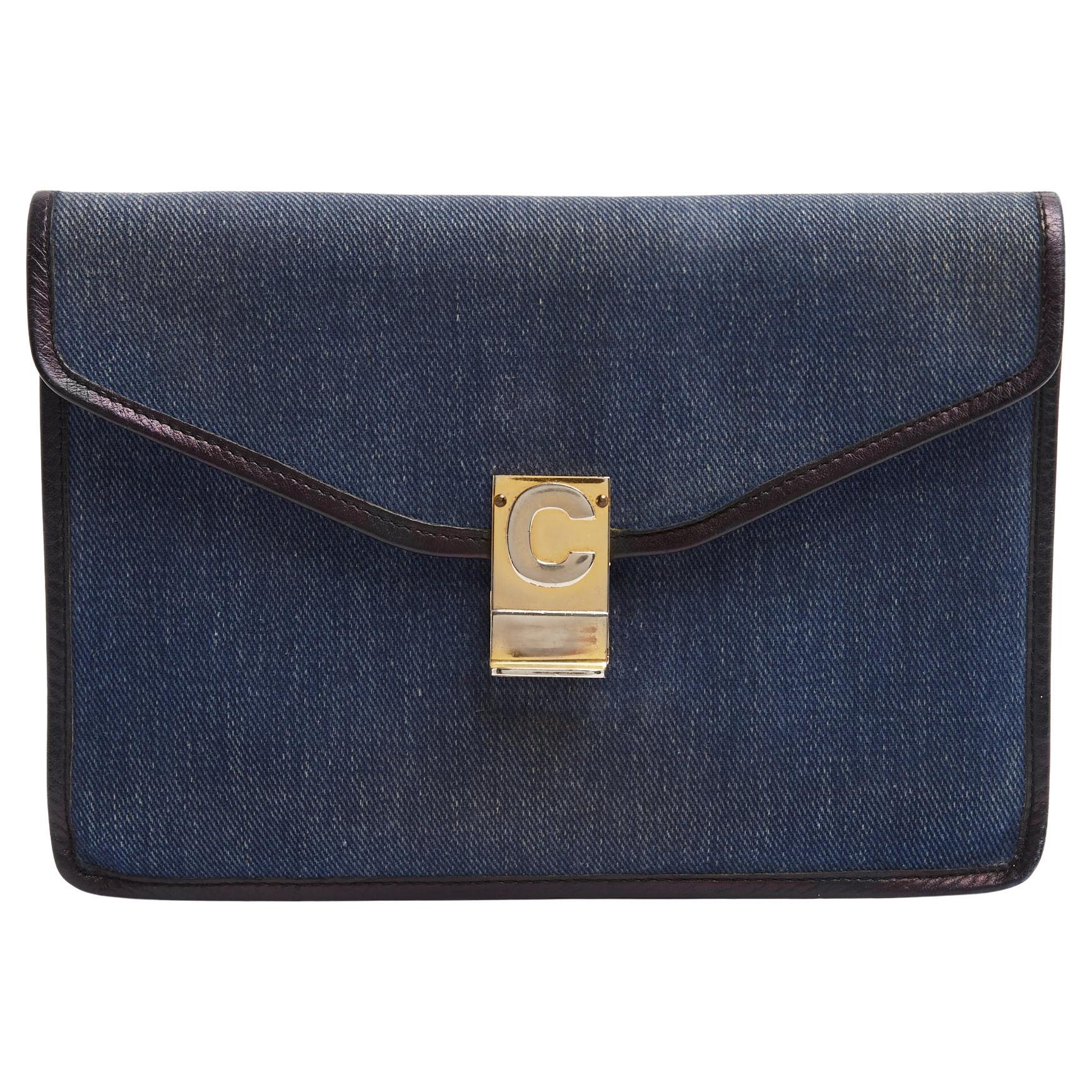 Céline Pochette Enveloppe 1985s Cuero Denim Azul Marino Diamante Embrague Celine en venta