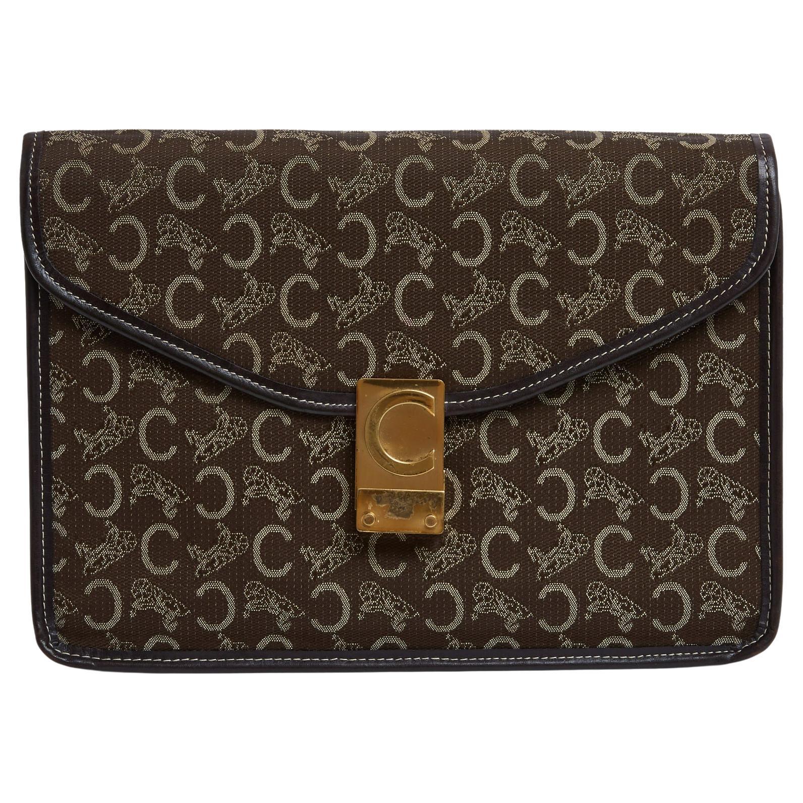 Céline Pochette Enveloppe Calèche 1985s Brown Monogram Canvas Clutch Celine For Sale