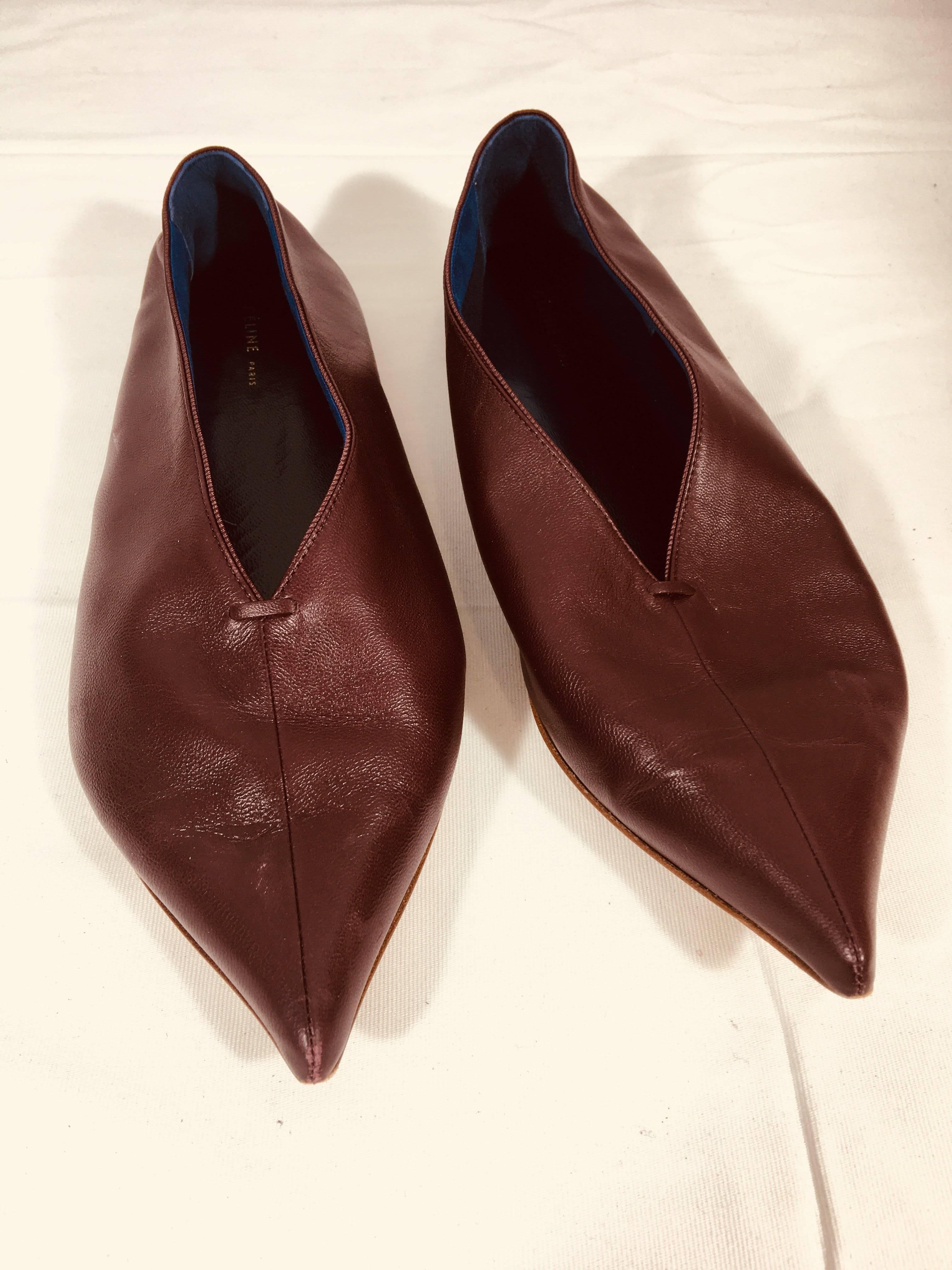Celine Pointed Leather Flats with V-Cut in Maroon Leather.