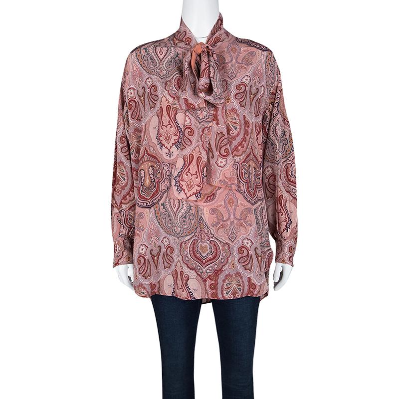 Brown Celine Printed Mulberry Silk Neck Tie Detail Long Sleeve High Low Tunic M