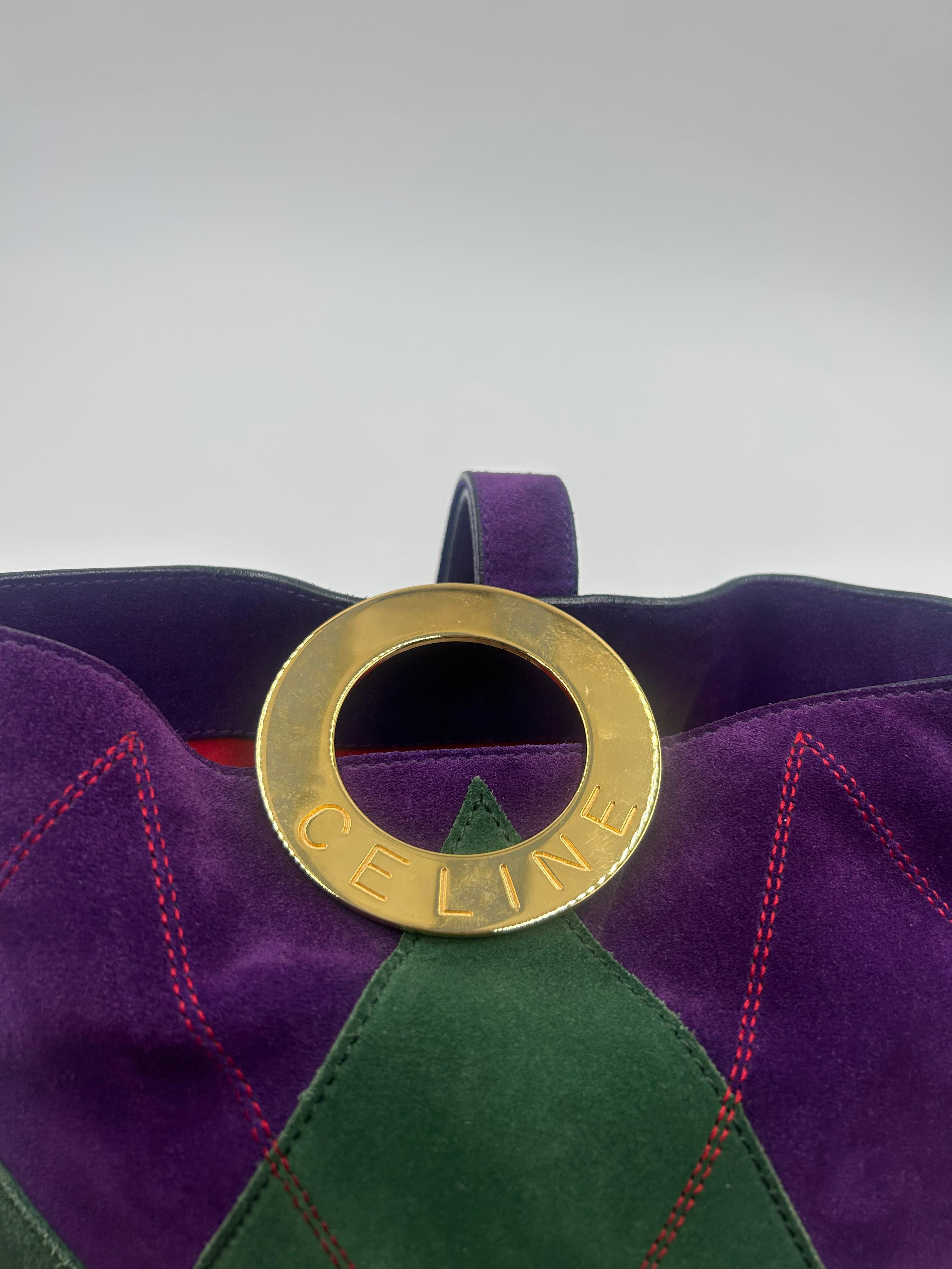 Céline Purple & Green Bucket Suede Bag For Sale 8