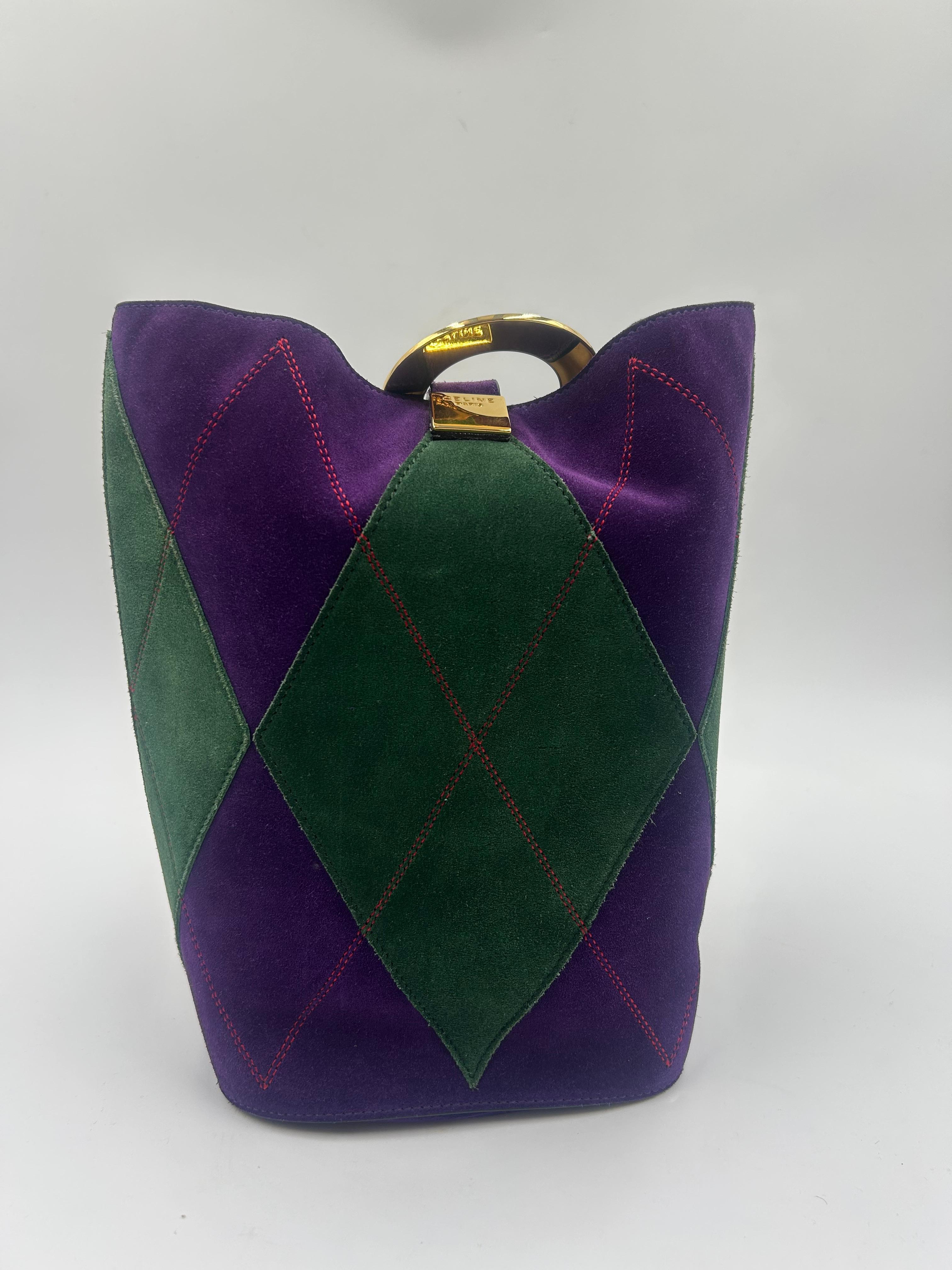 Céline Purple & Green Bucket Suede Bag In Good Condition For Sale In Palm Beach, FL