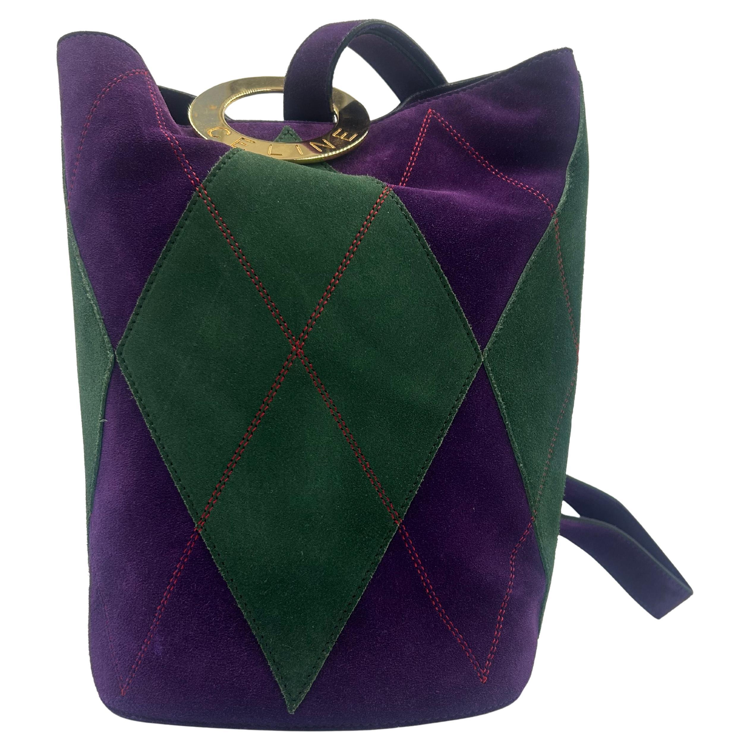Céline Purple & Green Bucket Suede Bag For Sale