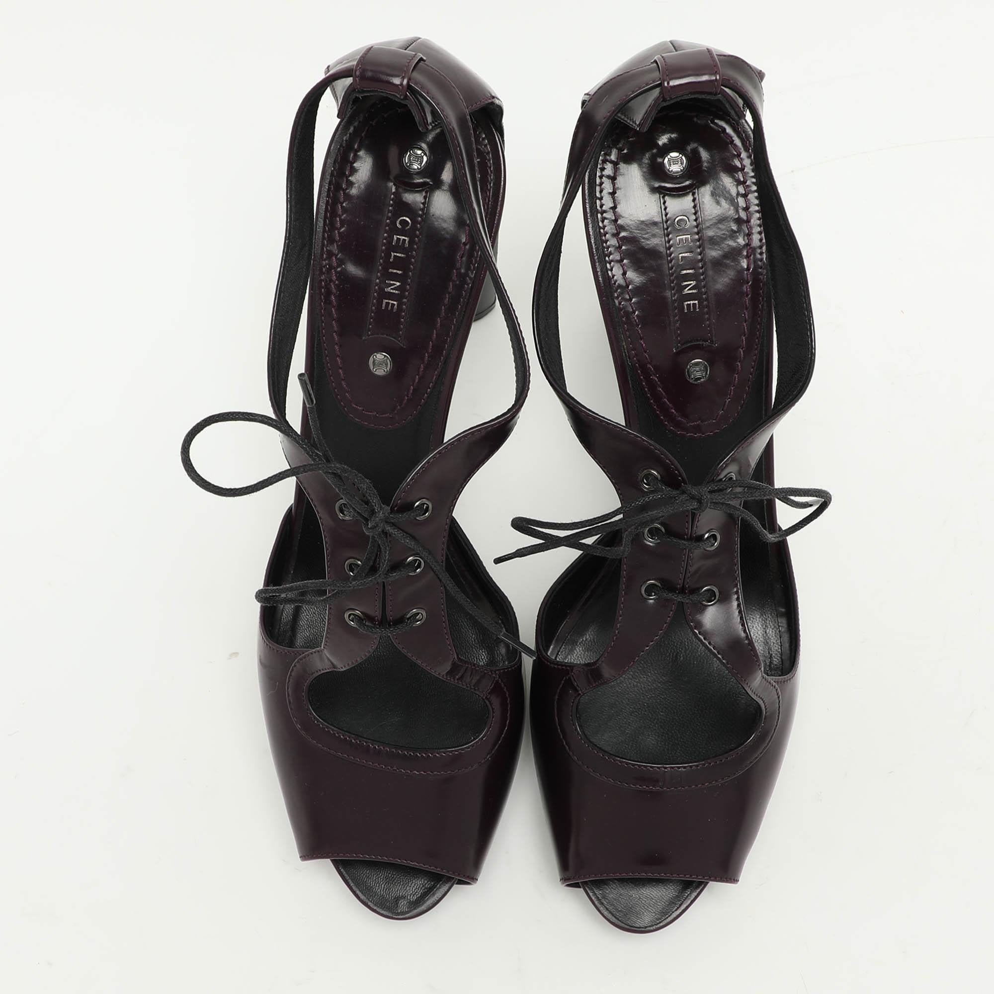Black Celine Purple Leather Ankle Tie Up Sandals Size 40 For Sale