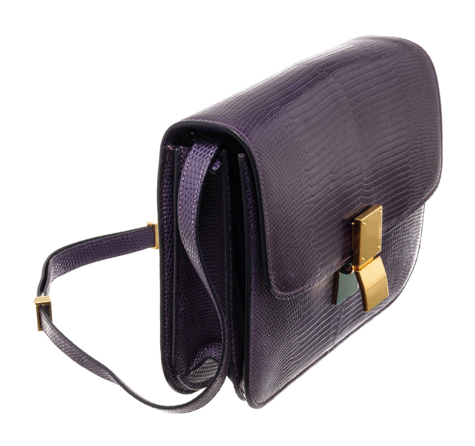 Lila Eidechsenleder Medium Box Umhängetasche von Celine (Schwarz)