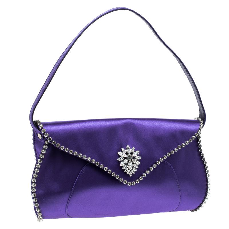 Celine Purple Satin Crystal Embellished Shoulder Bag In Good Condition In Dubai, Al Qouz 2