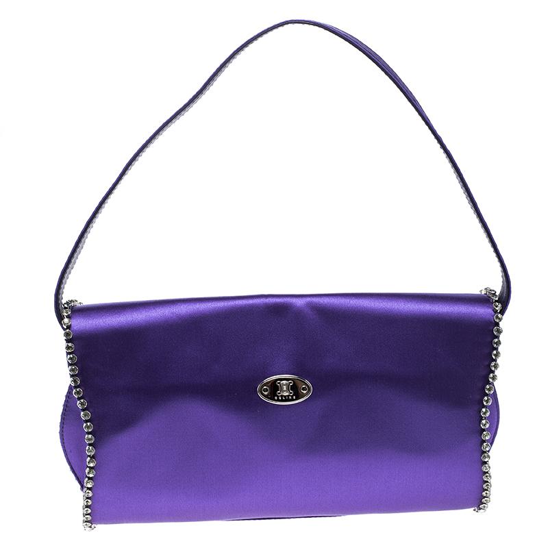 Women's Celine Purple Satin Crystal Embellished Shoulder Bag