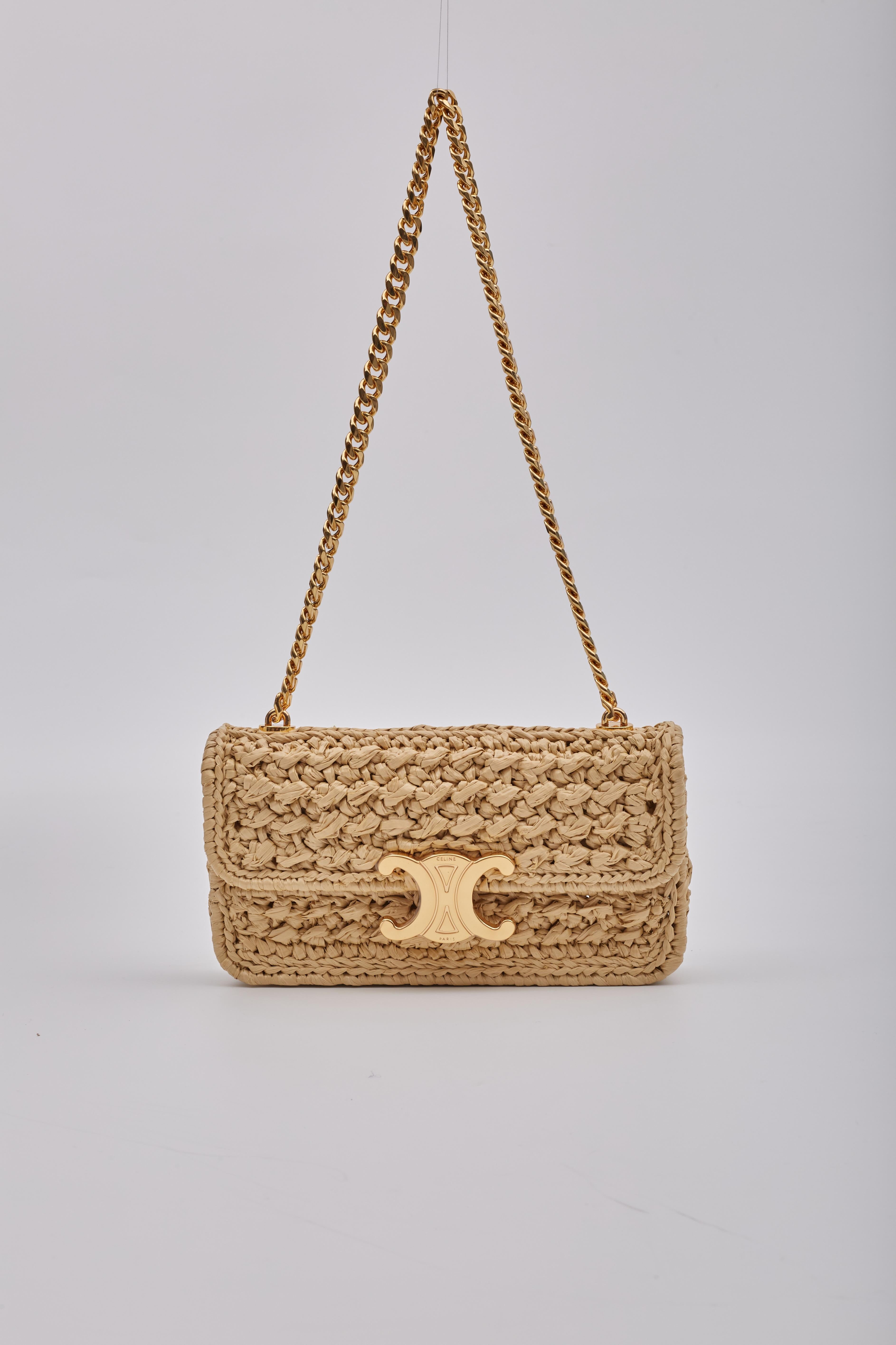 Brown Celine Raffia Chain Triomphe Natural Resort Shoulder Bag For Sale