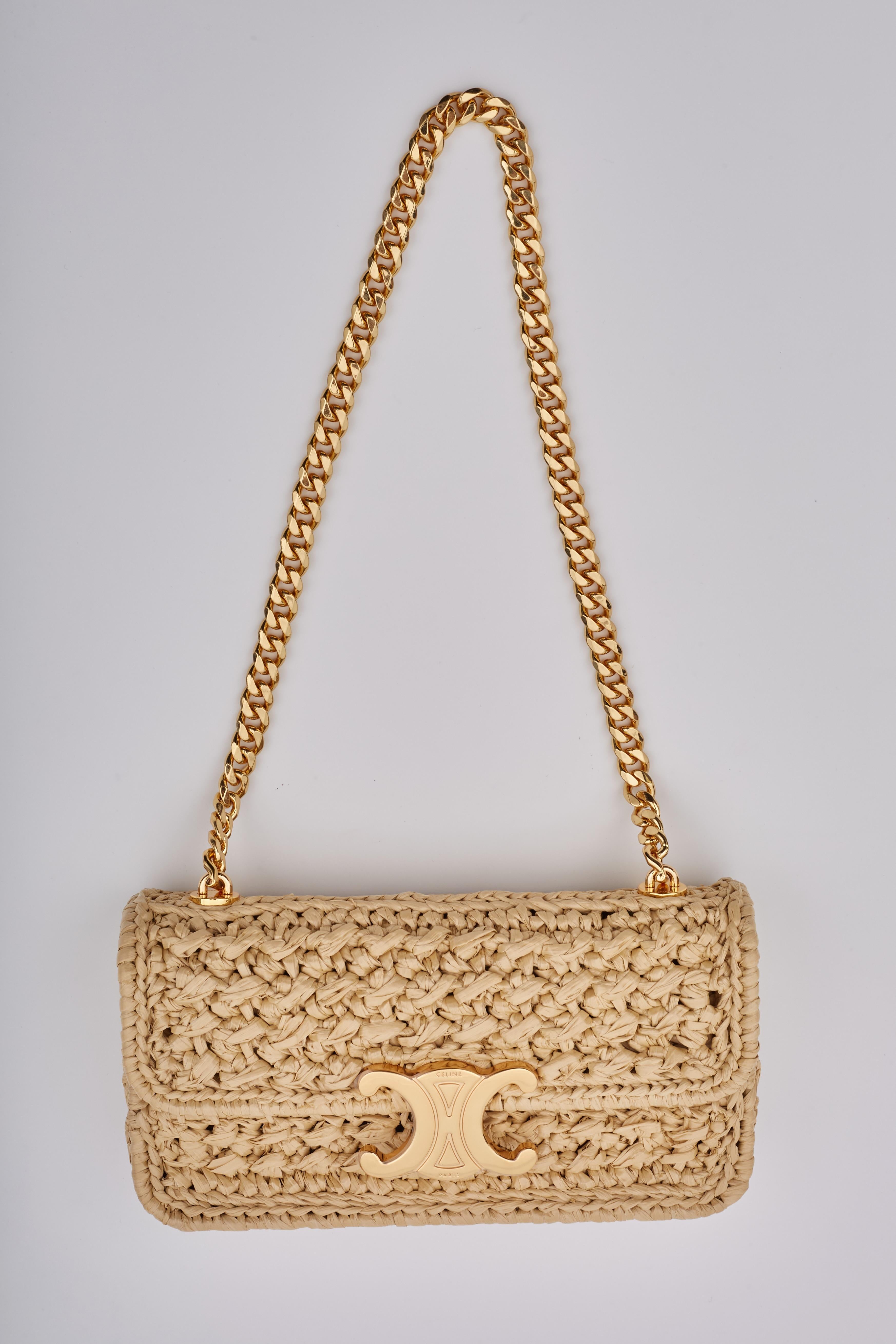 Celine Raffia Chain Triomphe Natural Resort Shoulder Bag For Sale 3