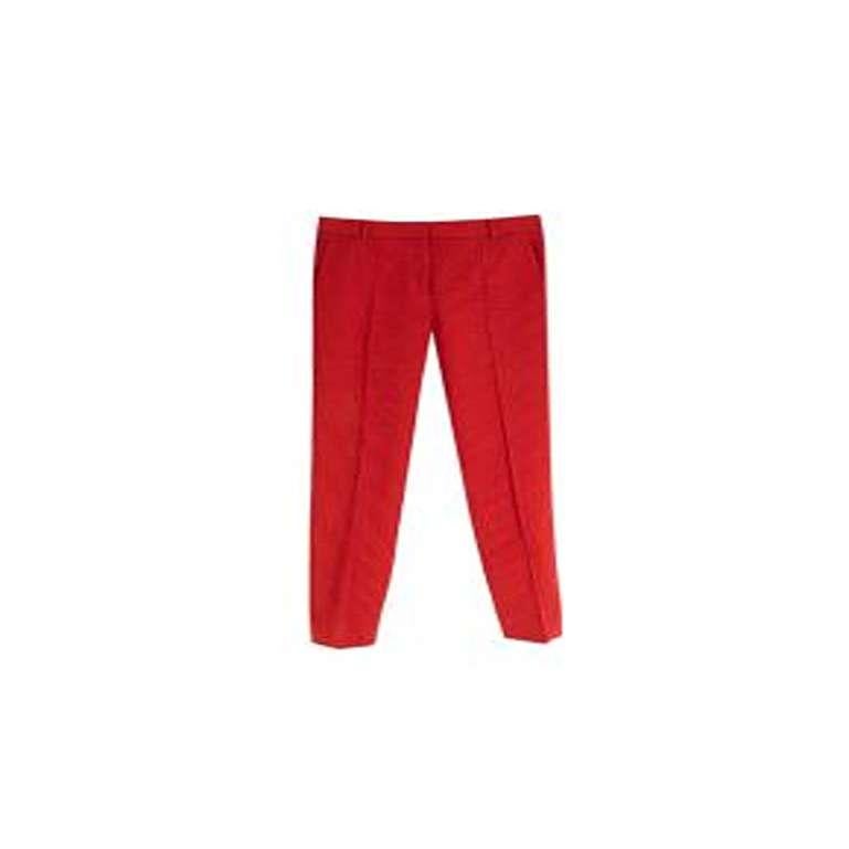Celine Red & Black Cotton & Wool Cigarette Trousers 

- Bright red cigarette trousers with embroidered black pinstripes 
- Pleat down the centre of the leg
- Belt loops 
- 2 open side pockets, 2 sewn up back pockets 
- Tapered leg
- Zip fly and