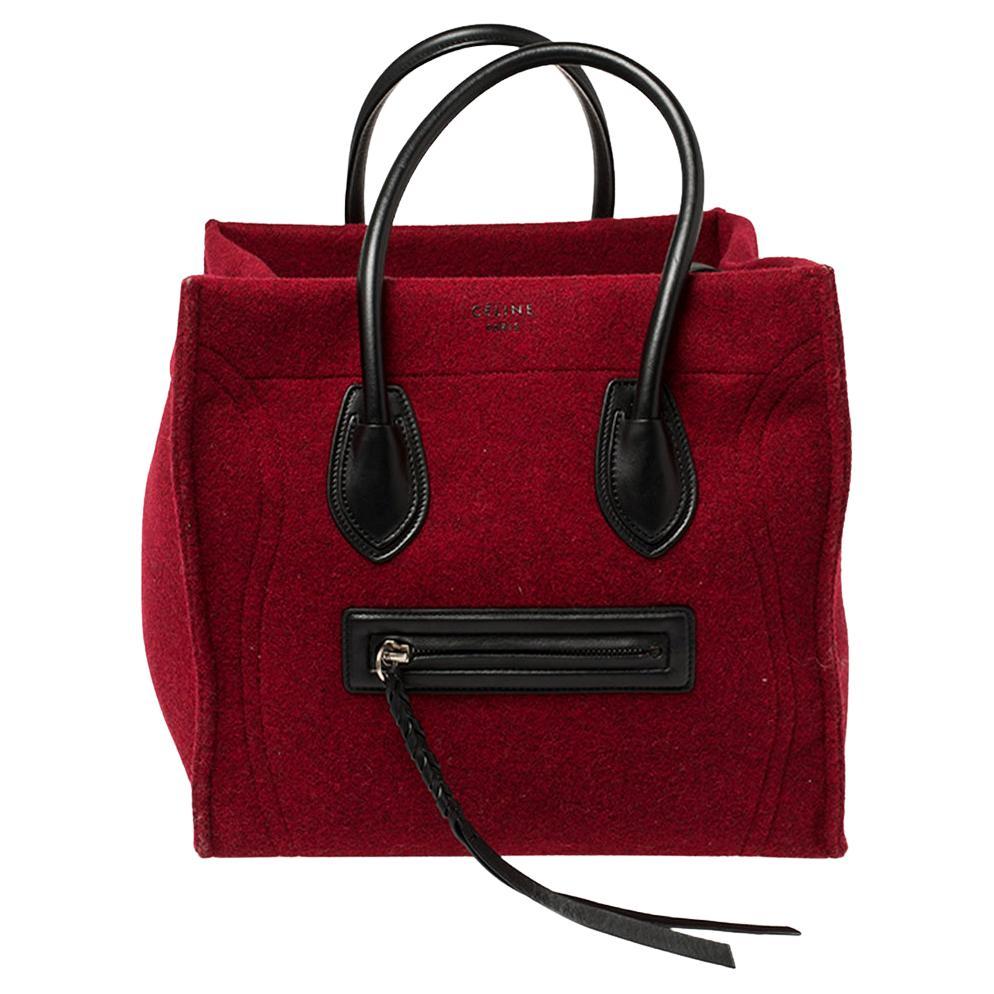 Celine Red/Black Wool and Leather Medium Phantom Luggage Tote