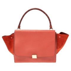 Celine Red Leather and Suede Large Trapeze Top Handle Bag