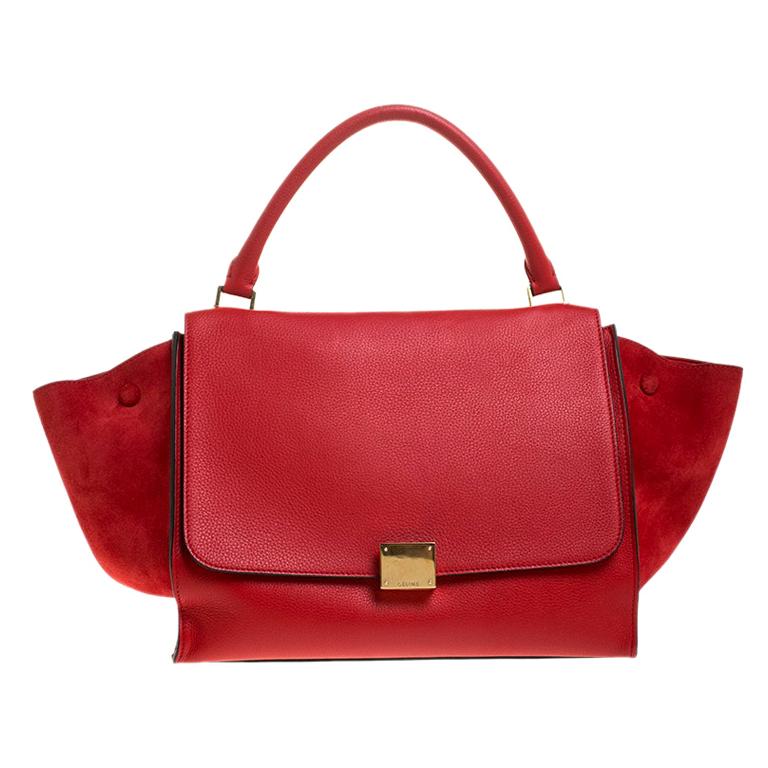 Celine Red Leather and Suede Medium Trapeze Bag