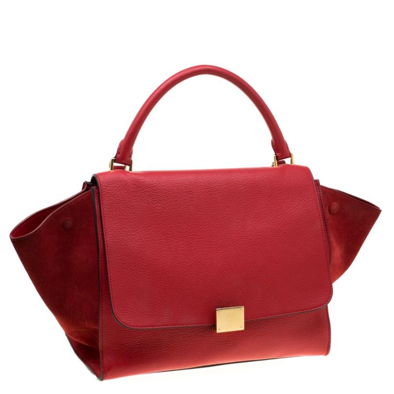 Women's Celine Red Leather and Suede Medium Trapeze Top Handle Bag