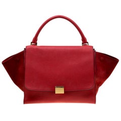 Celine Red Leather and Suede Medium Trapeze Top Handle Bag