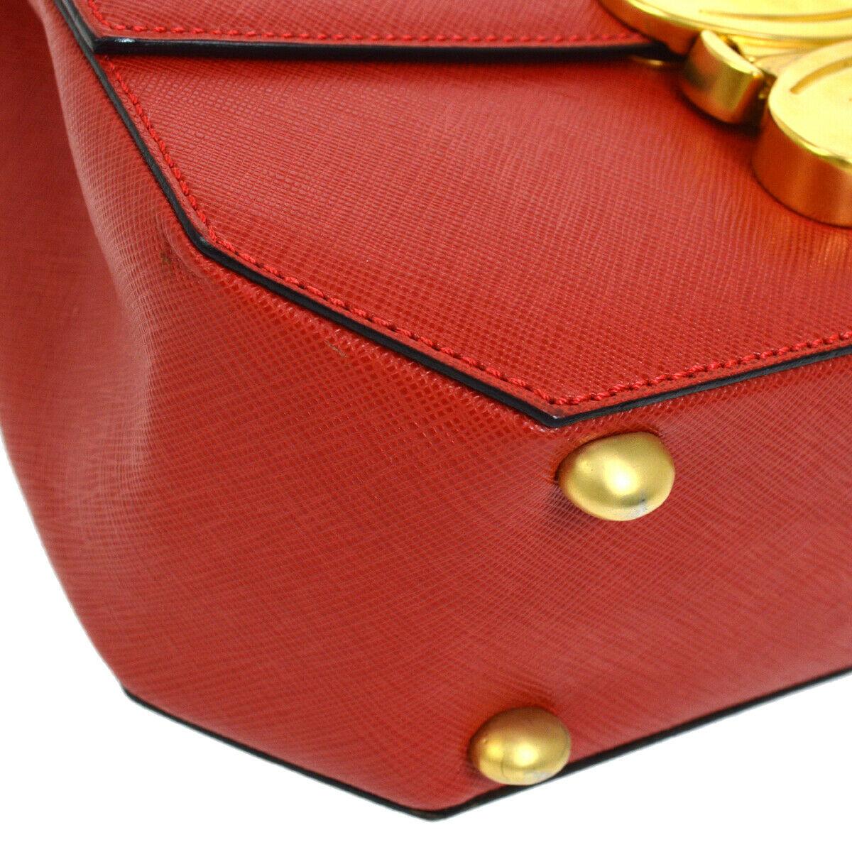 Women's Celine Red Leather Gold Logo Kelly Style Top handle Satchel Shoulder Flap Bag