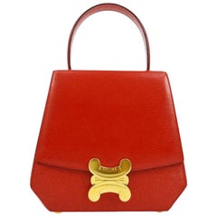 Celine Red Leather Gold Logo Kelly Style Top handle Satchel Shoulder Flap Bag