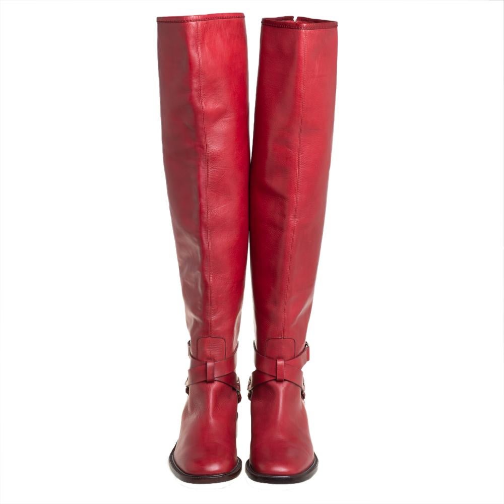 Celine Red Leather Knee Length Boots Size 39 In Excellent Condition In Dubai, Al Qouz 2