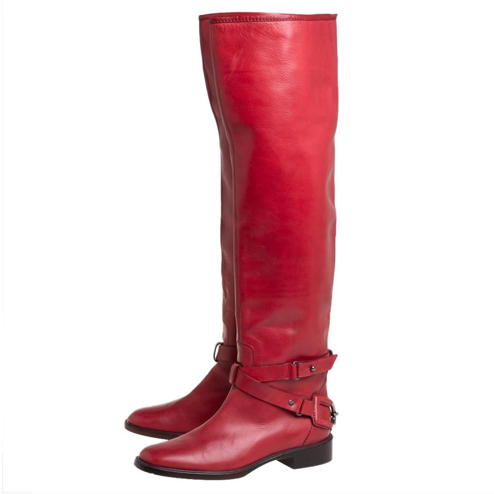 Women's Celine Red Leather Knee Length Boots Size 39