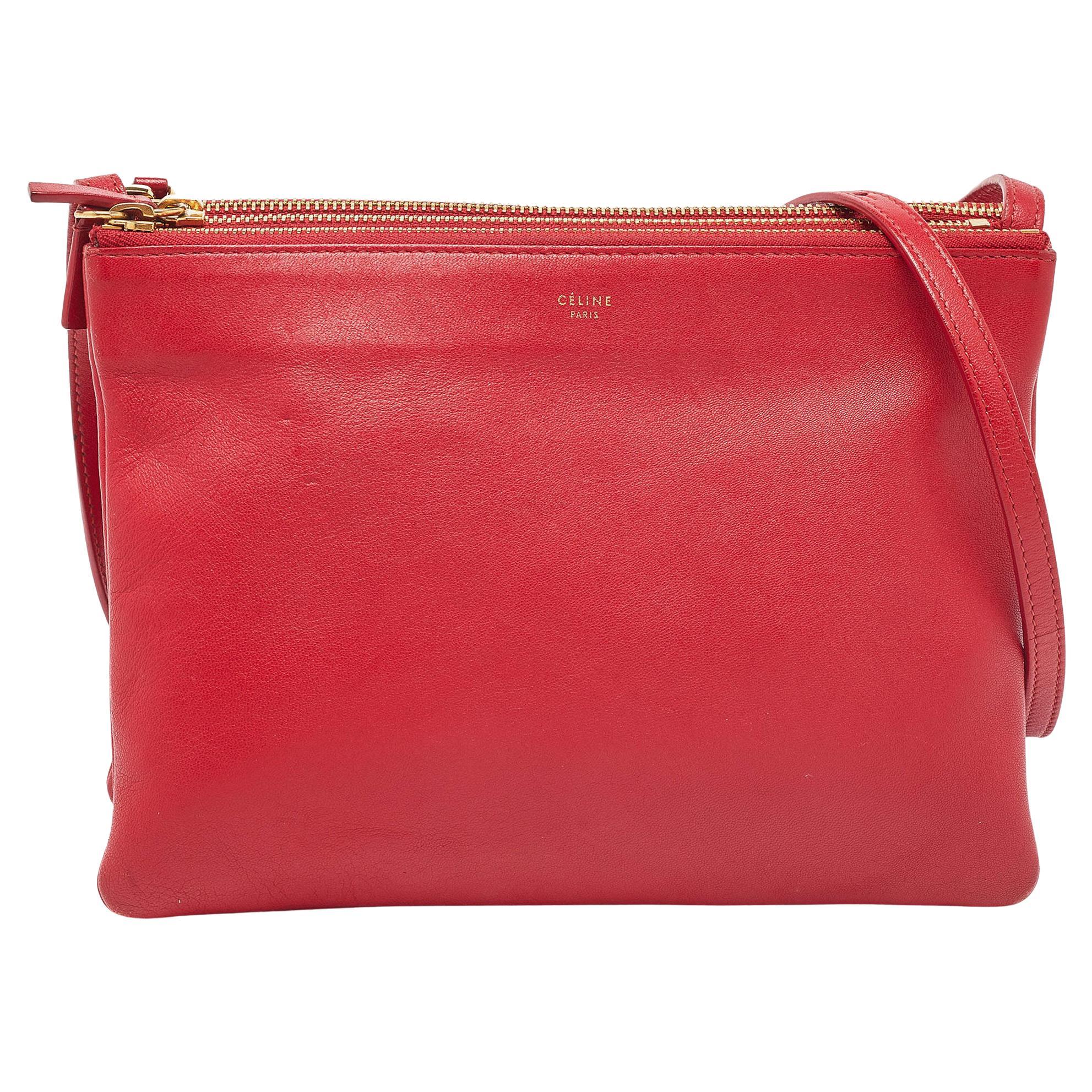 Celine Red Leather Large Trio Zip Crossbody Bag