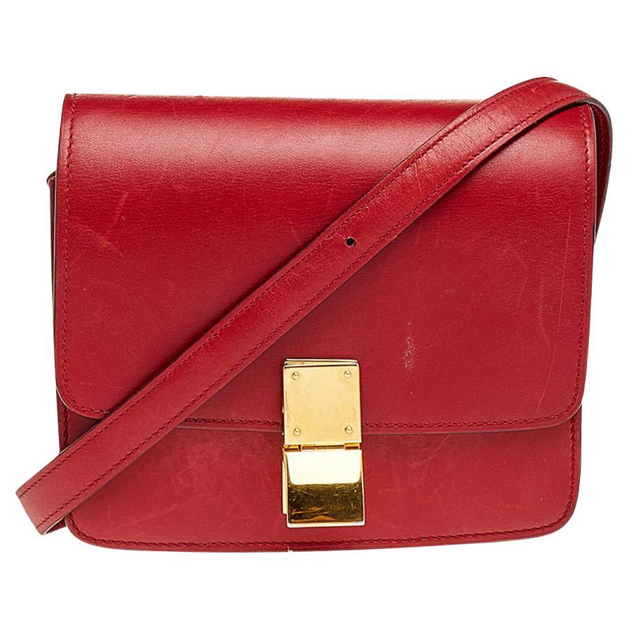 Celine Red Leather Small Classic Box Flap Bag For Sale