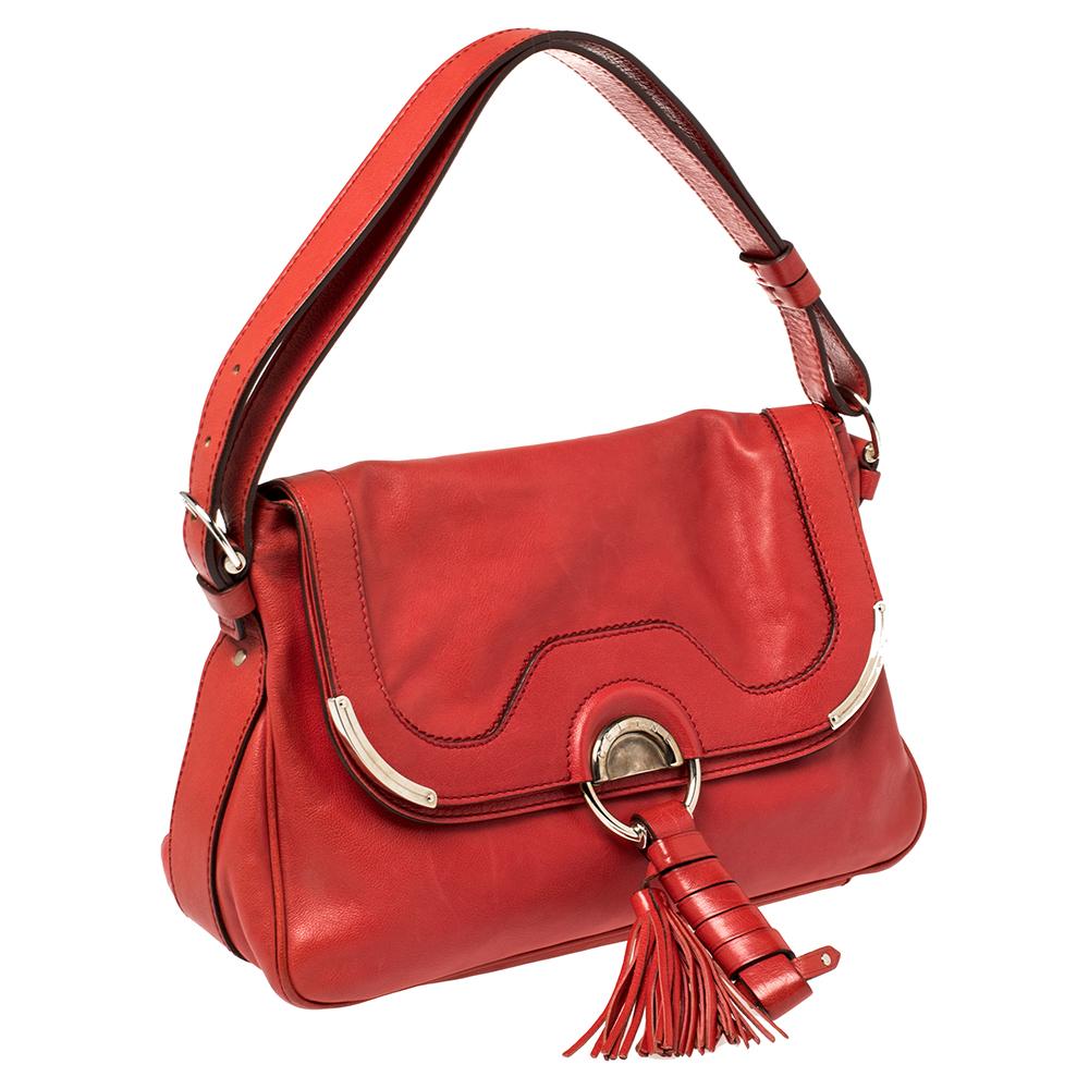 Women's Celine Red Leather Tassel Falp Hobo