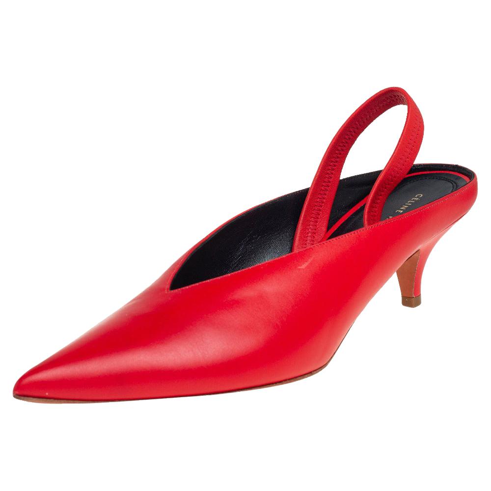 Celine Red Leather V Neck Slingback Sandals Size 38.5 at 1stDibs