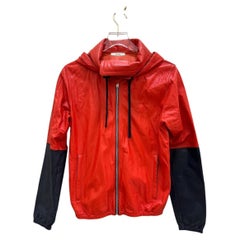 Celine Red Navy Leather Color Block Hooded Jacket Sz.38 Zip Up Design