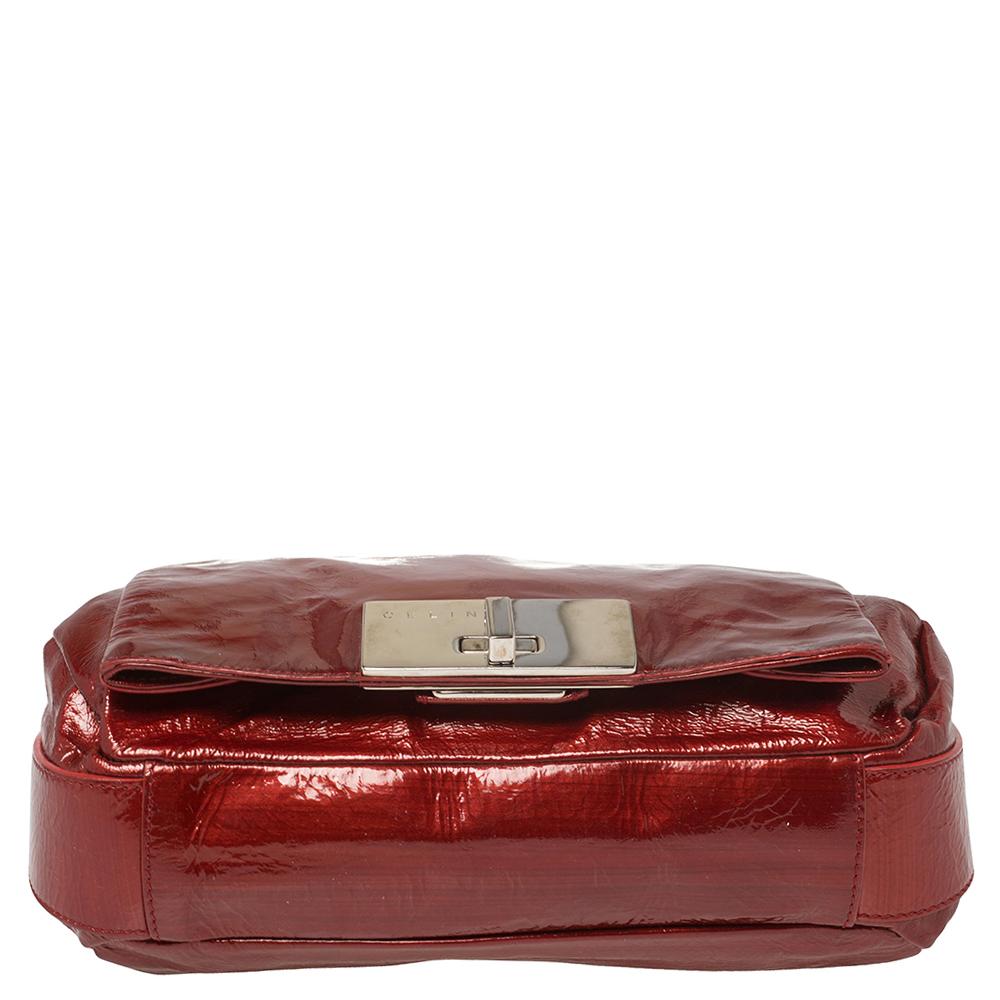 Brown Celine Red Patent Leather Turnlock Flap Chain Bag
