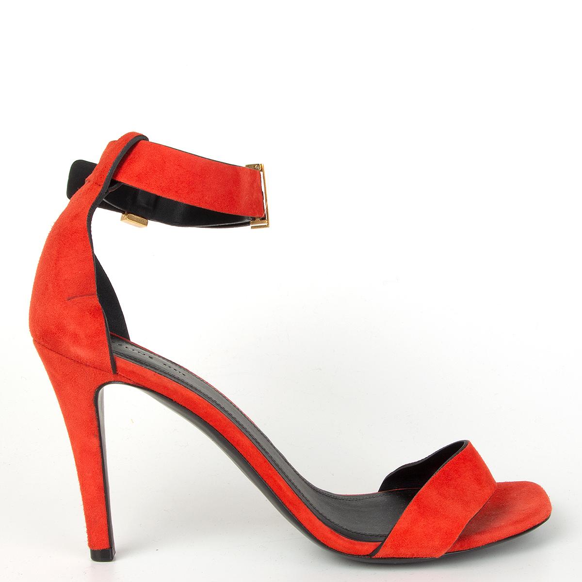 100% authentic CCéline ankle-strap sandals in red suede with antique gold-tone closure on the side. Bradn new. Come with dust bag. 

Measurements
Imprinted Size	38.5
Shoe Size	38.5
Inside Sole	25cm (9.8in)
Width	8cm (3.1in)
Heel	9cm