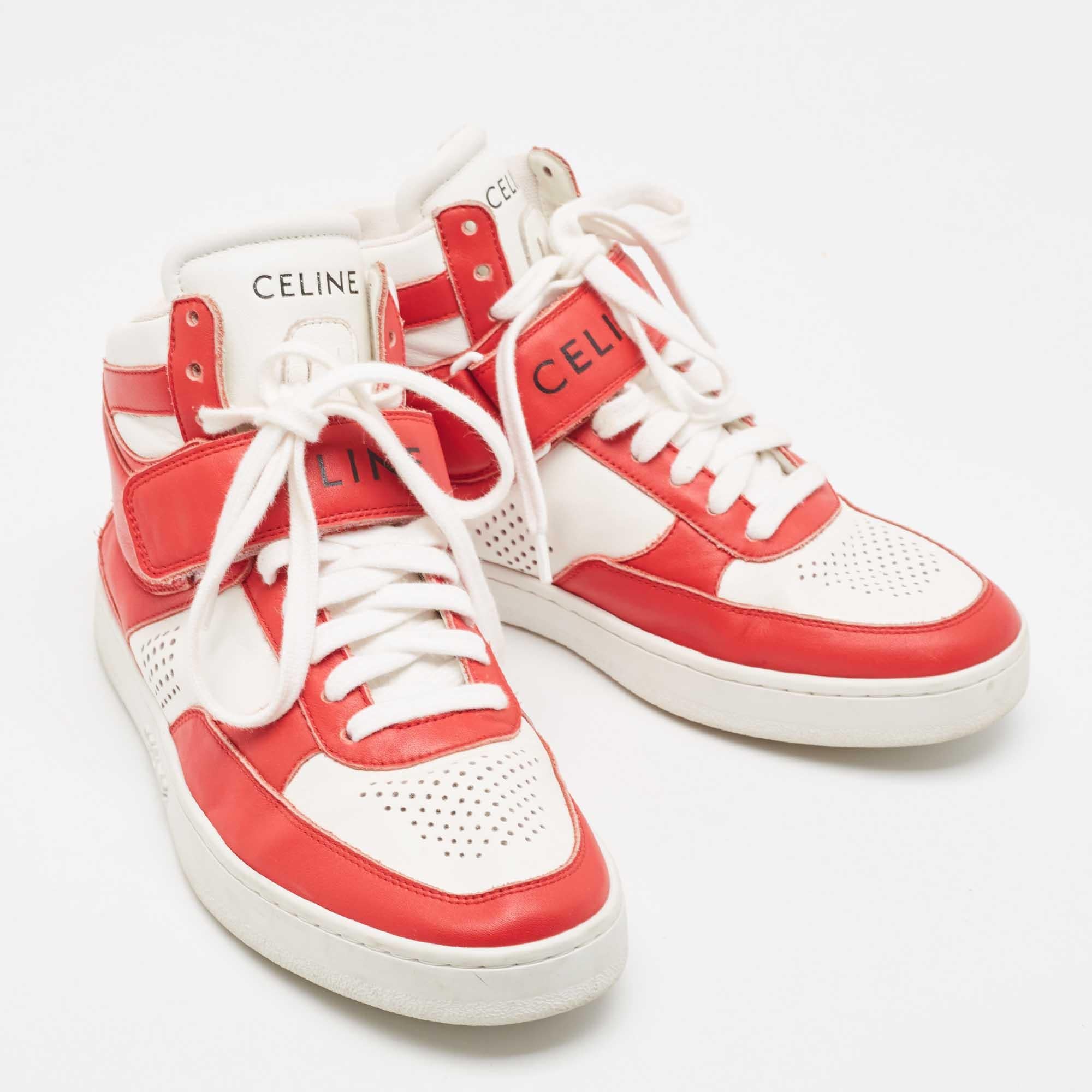 Beige Celine Red/White Leather High Top Sneakers Size 38 For Sale