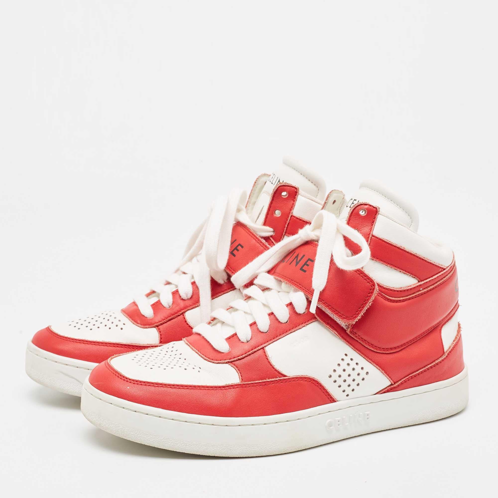 Celine Red/White Leather High Top Sneakers Size 38 In Good Condition For Sale In Dubai, Al Qouz 2