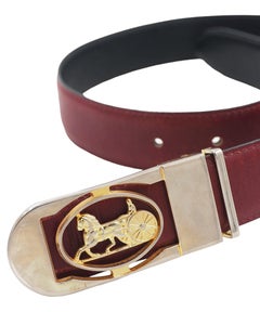 Celine Reversible Black/ Burgundy Leather Belt With Horse & Carriage Buckle