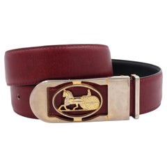 Celine Reversible Black/ Burgundy Leather Belt With Horse & Carriage Buckle