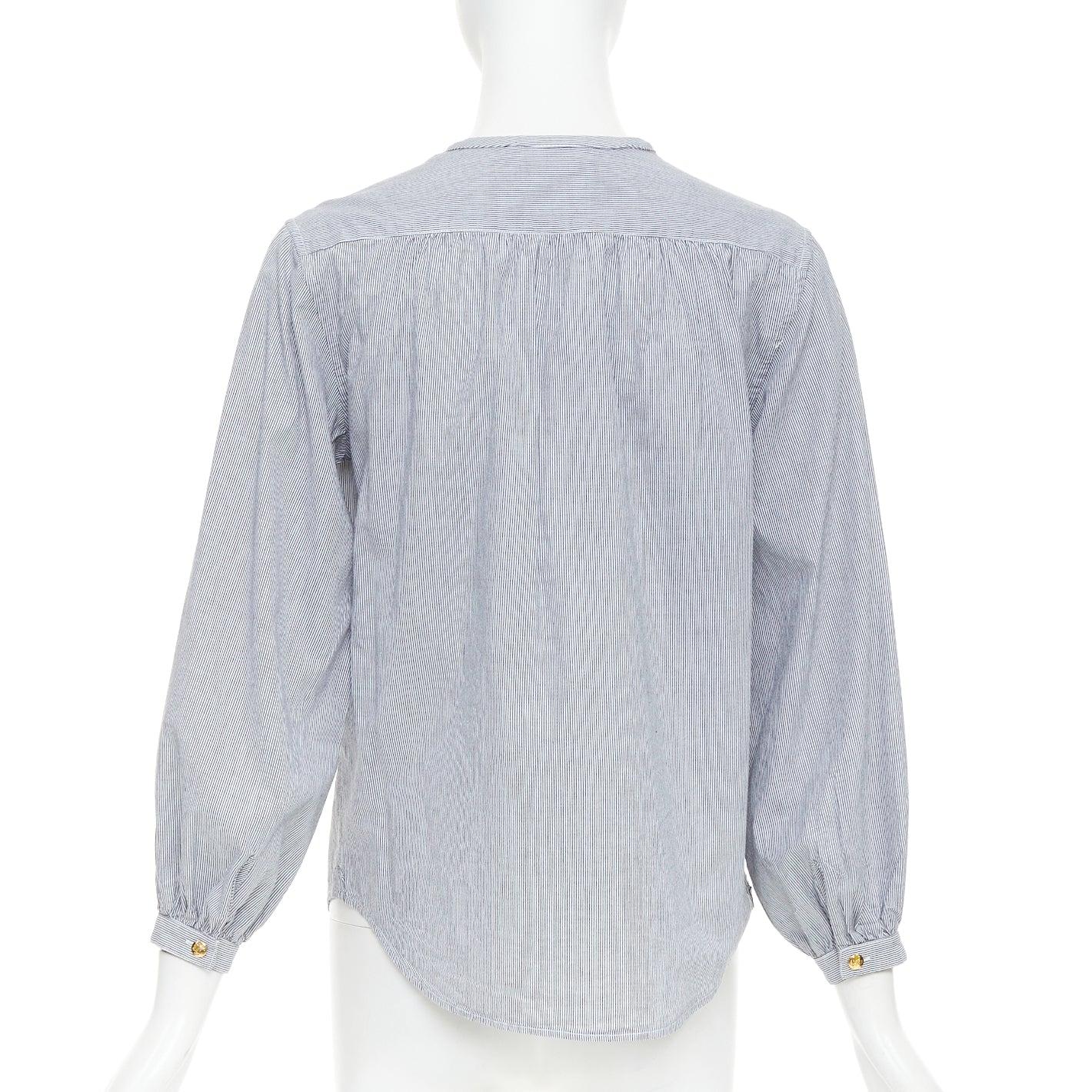 CELINE Romy grau-weiß gestreifte Baumwoll-Voile Bluse mit Spitze und Anagramm FR36 S Damen im Angebot