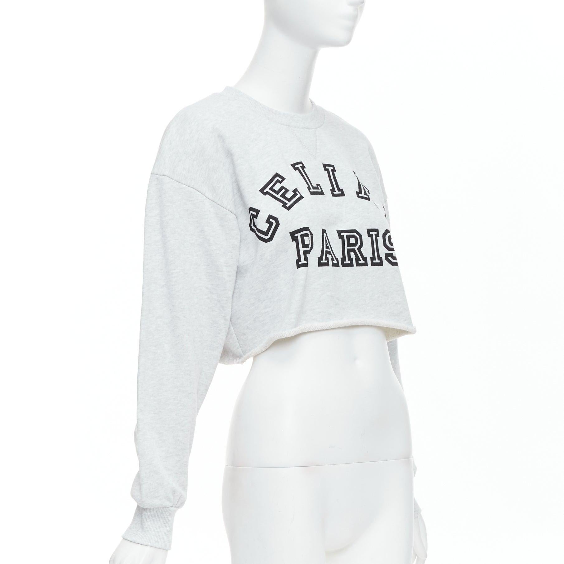 Gray CELINE Runway grey cotton varsity logo cutoff sweatshirt crop top S For Sale