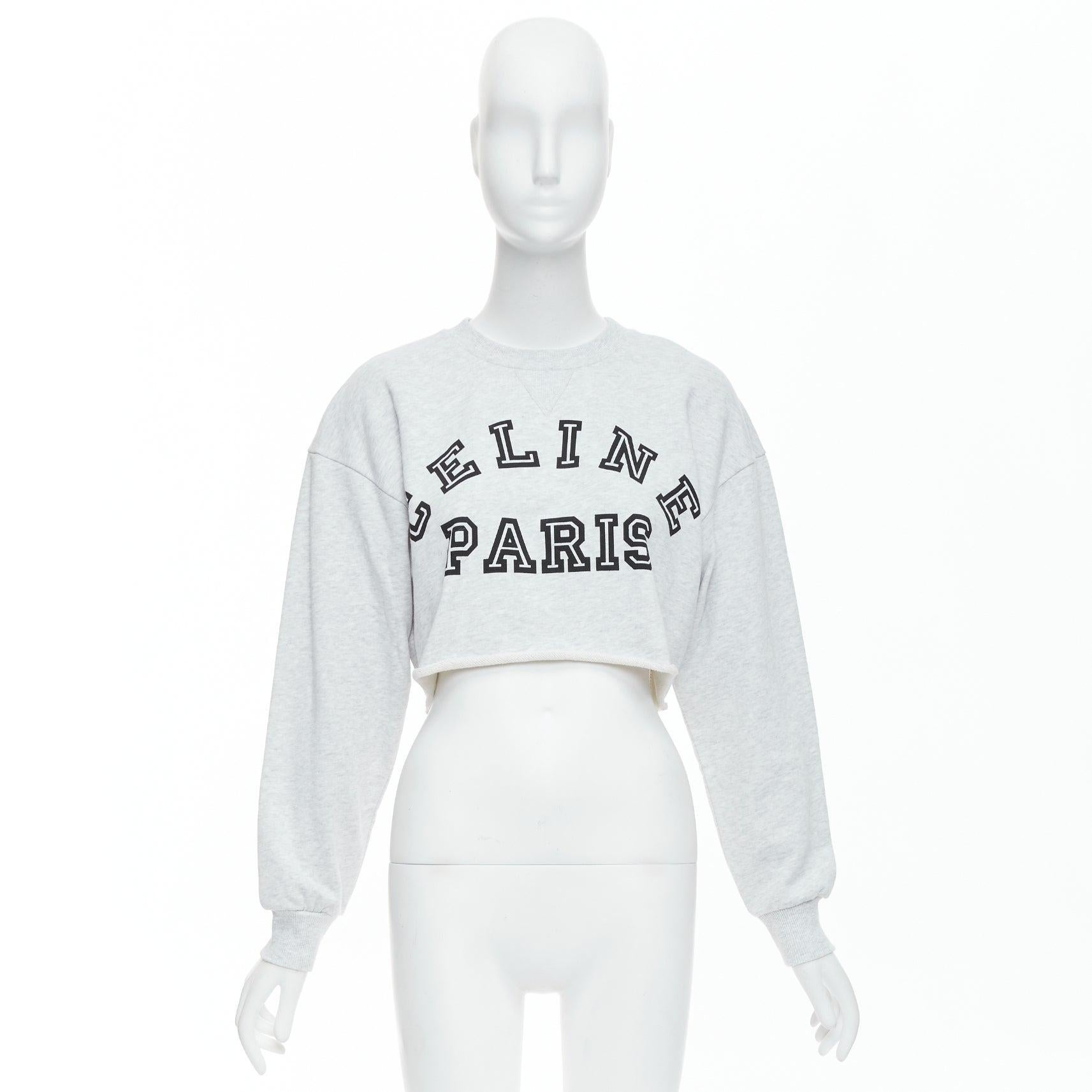 CELINE Runway grey cotton varsity logo cutoff sweatshirt crop top S For Sale 4