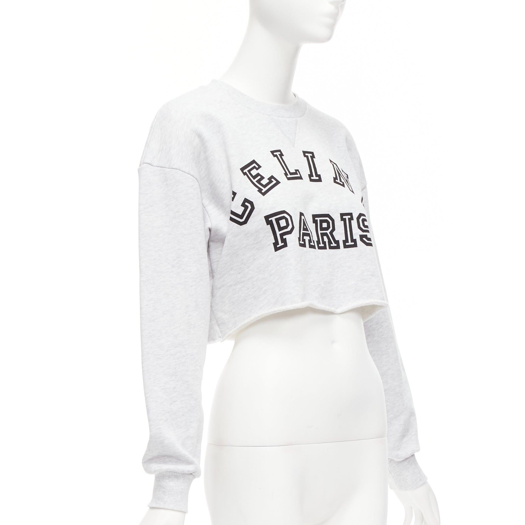 Gray CELINE Runway grey cotton varsity logo cutoff sweatshirt crop top XS For Sale