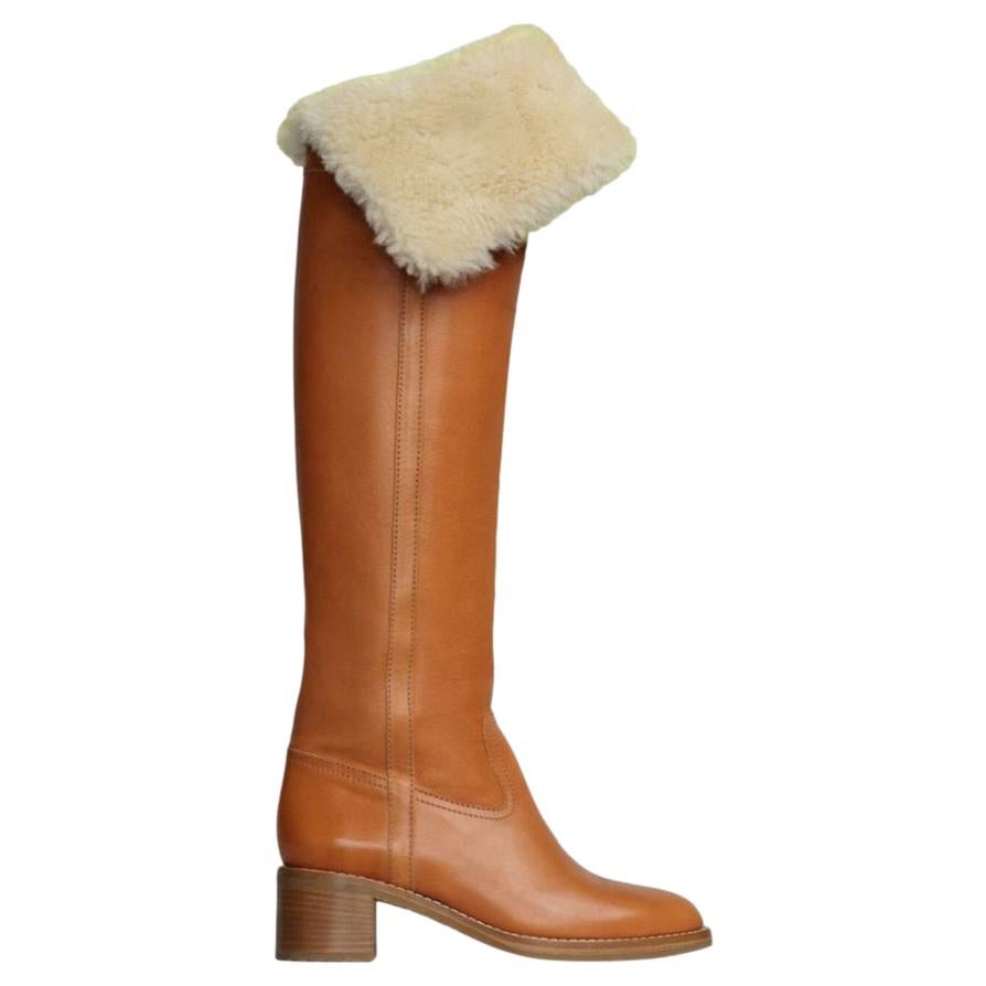 Celine Runway Tan Leather Shearling Lined Long Boots - Size EU 35