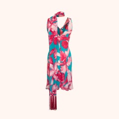 Celine S/S 2004 Runway Floral Print Silk Dress with Fringed Scarf