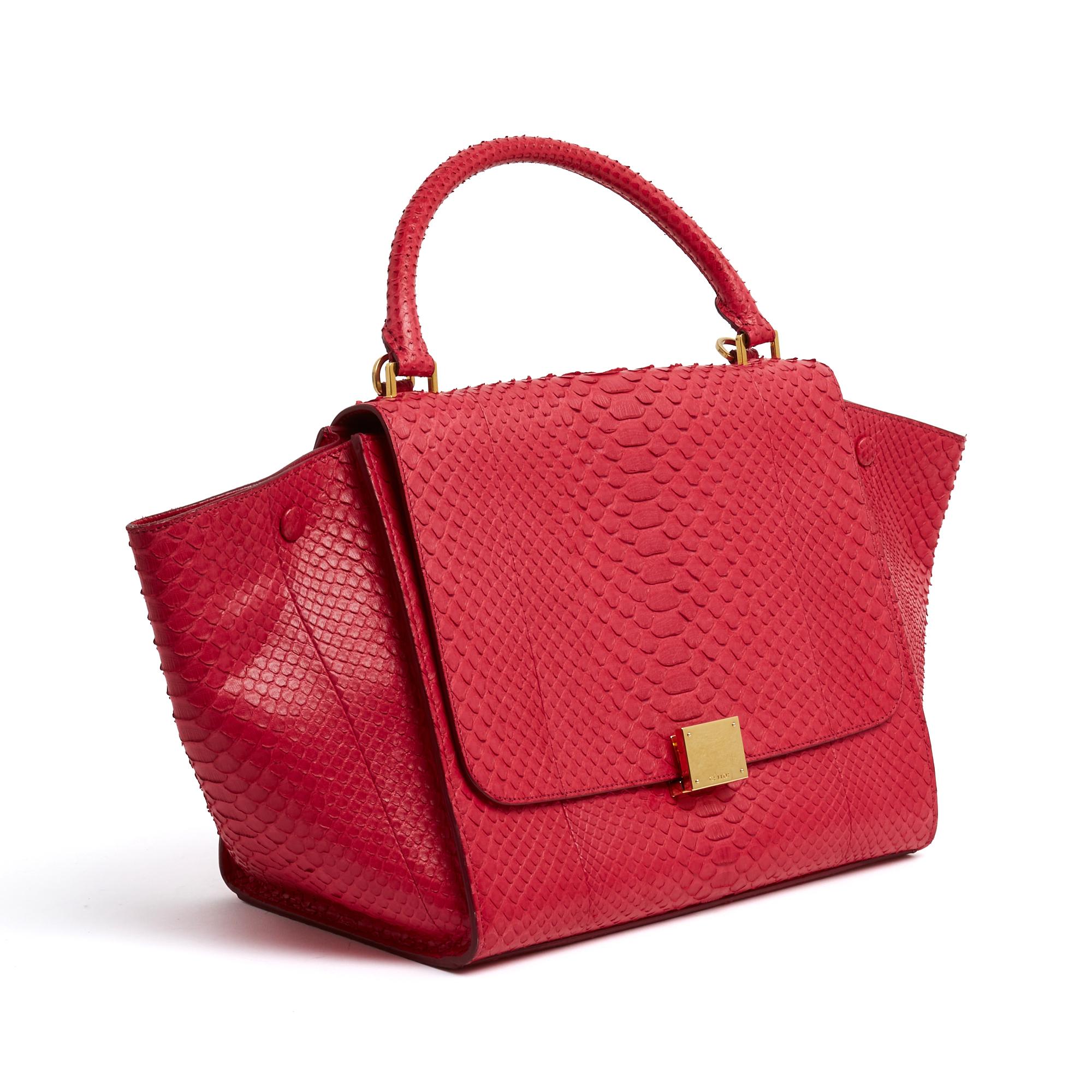 Bolso modelo Céline Trapeze de cuero rosa fuerte (serpiente de agua), cierre con logotipo de metal dorado, interior de cuero a juego con 2 bolsillos de parche, un último bolsillo con cremallera en la parte trasera, asa para llevar en la mano o al