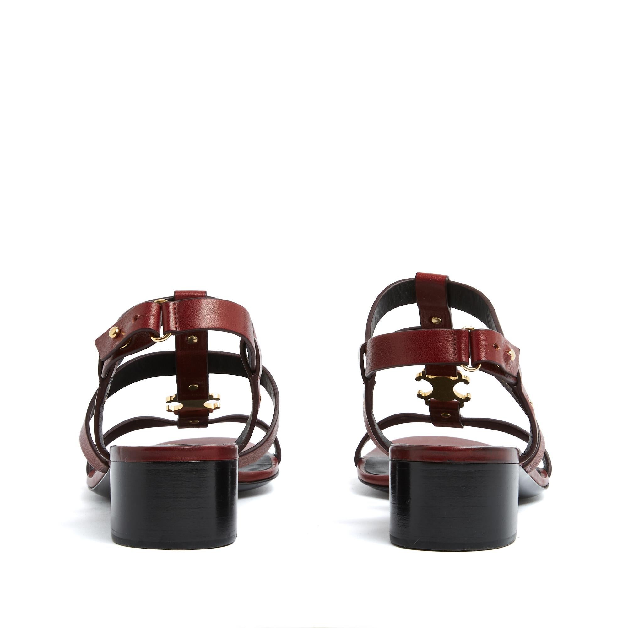 Celine Sandales Triomphe EU39 Burgundy Leather Sandals Heels UK6 US8.5 Céline Excellent état - En vente à PARIS, FR