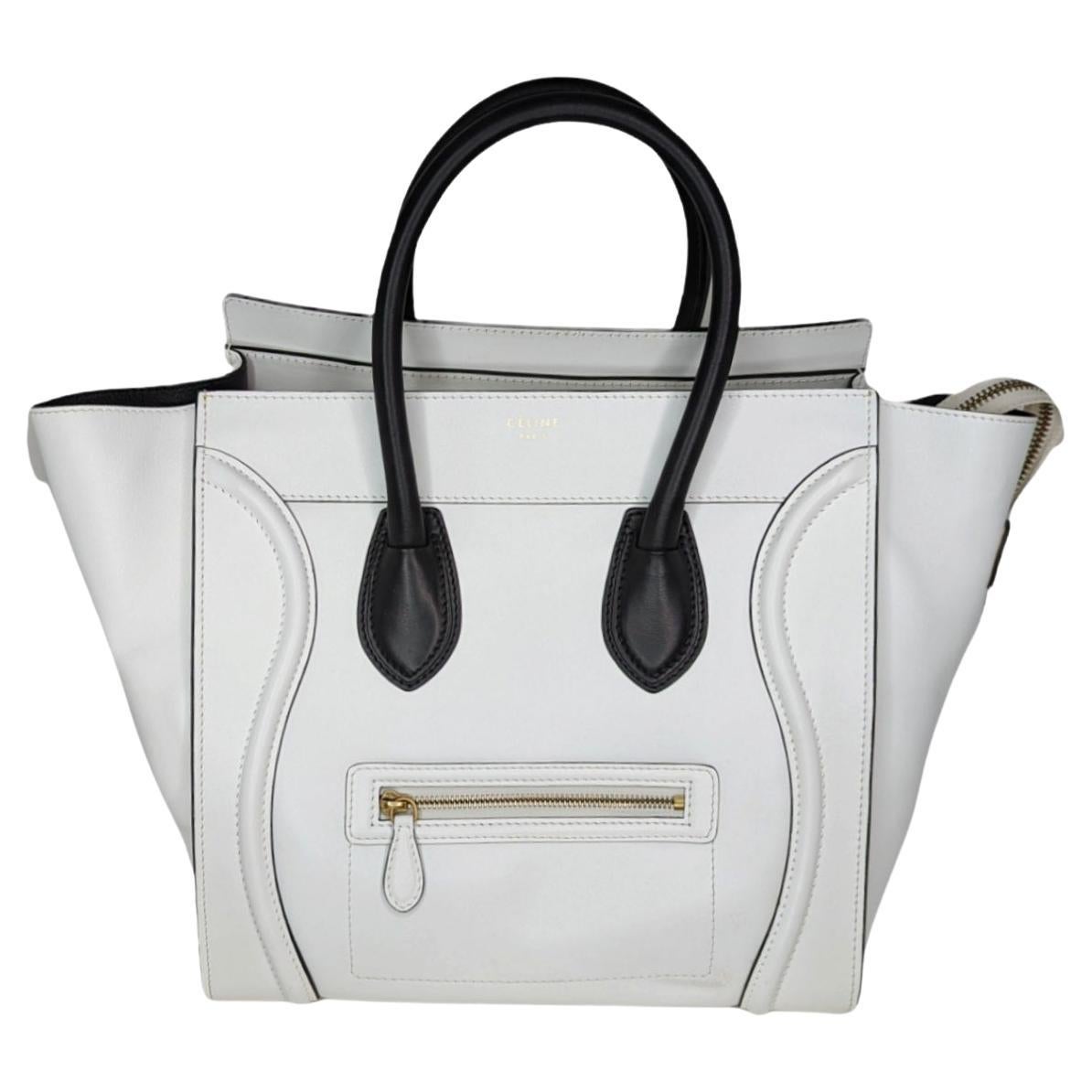 Celine Two-Tone Small Cabas Tote Bag White Black Grained Calfskin Leather