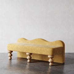 "Celine" Scalloped Bench in Gold Faux Mohair by Christiane Lemieux