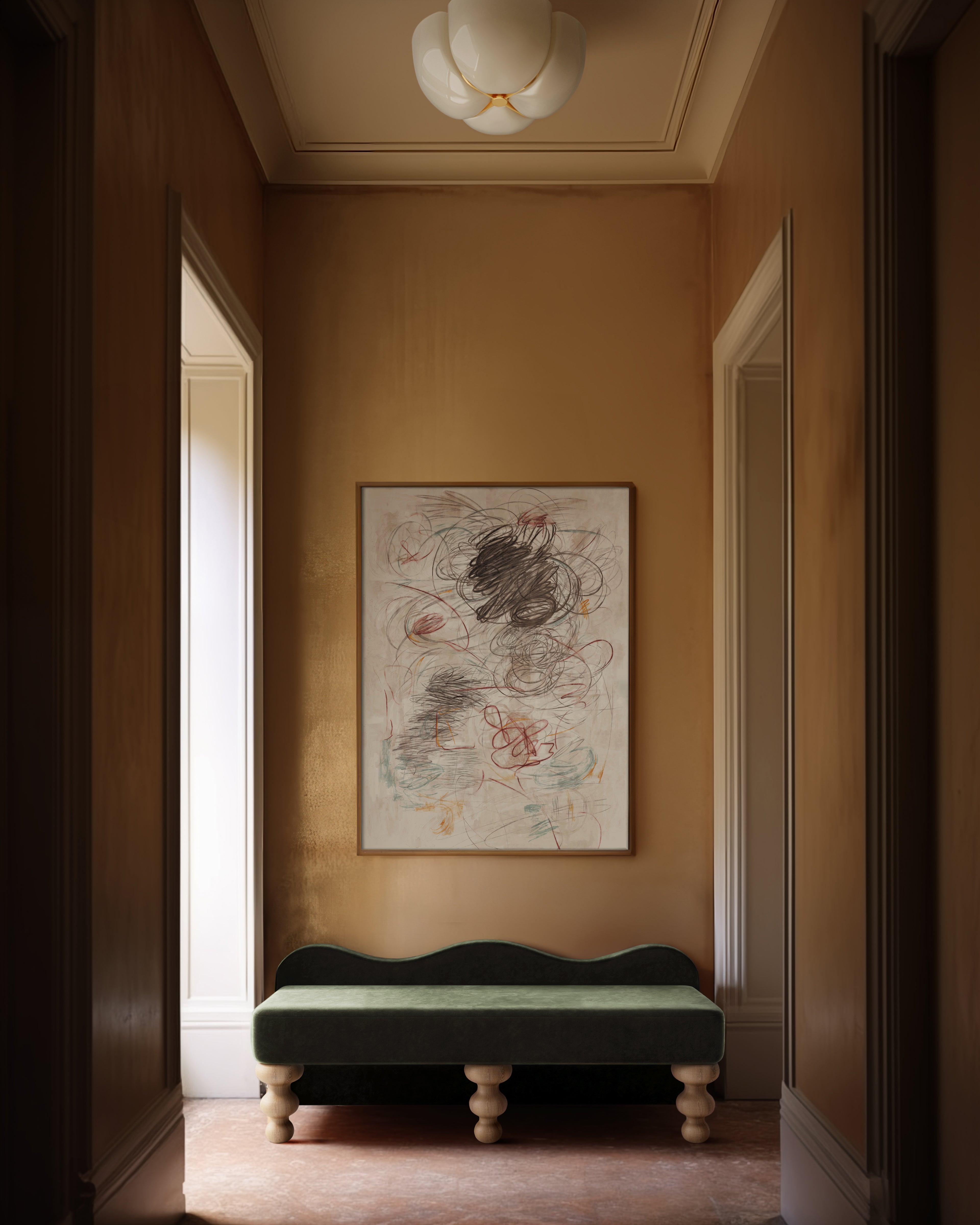 Introducing the Celine Bench, designed with a uniquely shaped scalloped back and solid oak hand-turned legs that complement its elegant curves. Perfectly sized as an end-of-bed bench or for additional seating in a living room or hallway, this bench