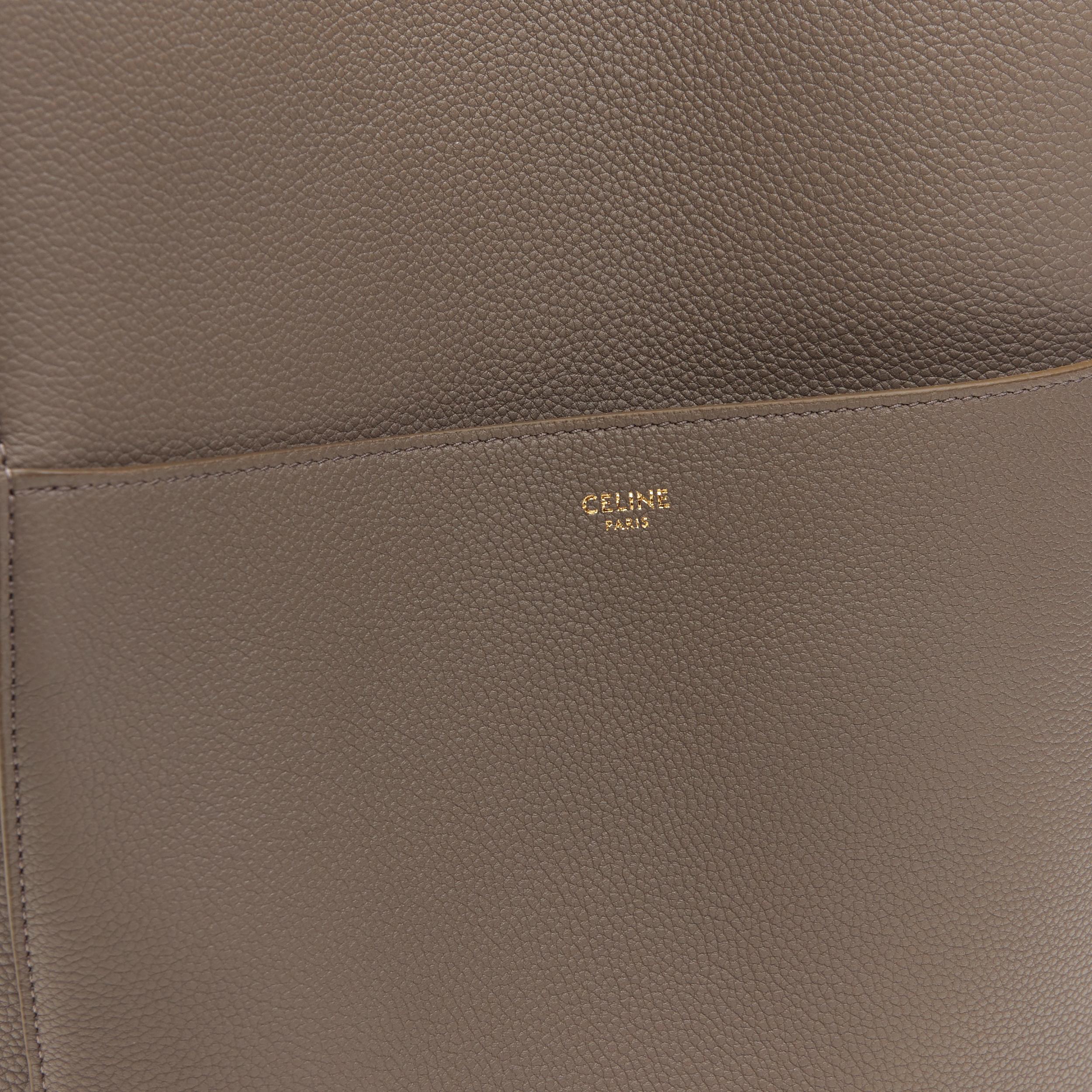 Women's CELINE Seau Sangle taupe grey grained leather slit pocket canvas strap pinch bag